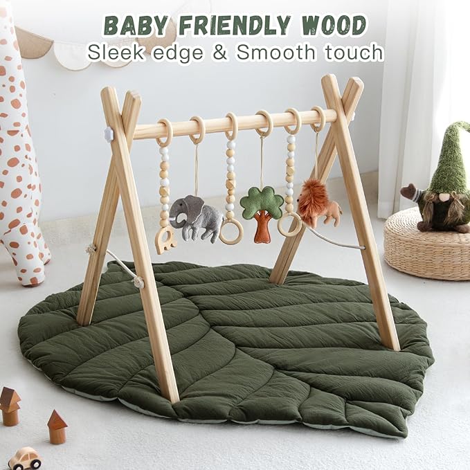 Razee Wooden Baby Play Gym Activity Mat, Leaf Shaped Play Mat Baby Gym with 6 Hanging Sensory Toys Foldable Baby Gym Newborn Infant Baby Use