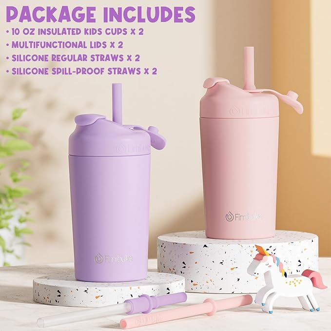 Fimibuke Kids & Toddler Cups, 10 OZ Spill Proof Straw Cups for Toddlers, 2 Pack Leak-Proof Kid Insulated Tumbler with Screw-On Lid & Silicone Straw with Stopper, Stainless Steel Sippy Cup for Girl Boy