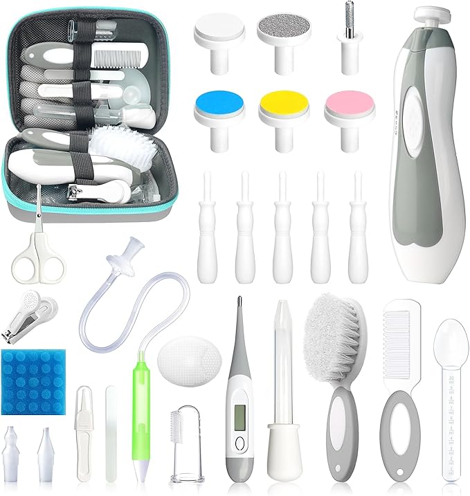 Baby Healthcare and Grooming Kit, 28 in 1 Portable Baby Essentials Kit Electric Nail Trimmer Set with Gas Relief Hair Brush Comb Nasal Aspirator for Newborn Boys Girls (Grey White)