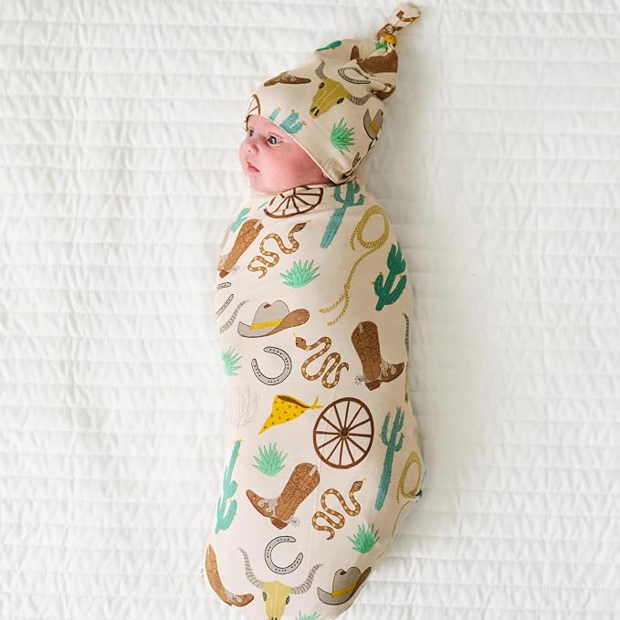 Little Sleepies Swaddle & Hat Set, Baby Swaddles Newborns, Soft Viscose from Bamboo Swaddle Blanket Wrap (Caramel Ready to Rodeo)