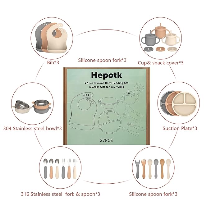 27 Pack Silicone Baby Feeding Set, Hepotk BPA-Free Food Grade Baby Feeding Essentials Utensils, Second Stage Baby Food Eating Utensils, Set of 3 babies((Brown, Beige, Grey)