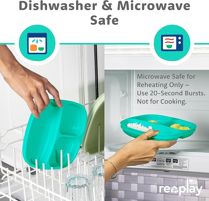 Re-Play Toddler Plates with Dividers - Deep-Walled 3 Compartments Divided Plates for Kids - Dishwasher & Microwave Safe - Made in USA - Set of 3, Bubble Pop