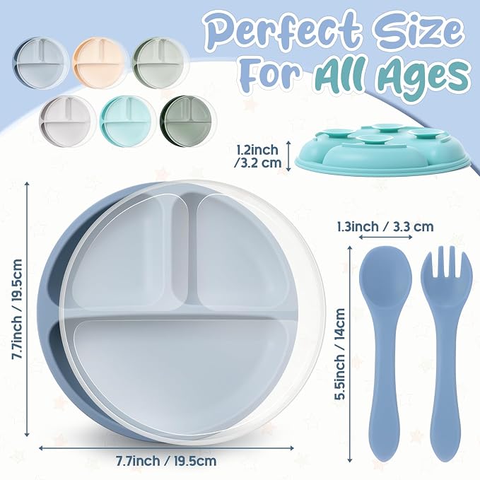 Meanplan 6 Pack Suction Plates for Toddlers with Lids Silicone Baby Plates set Food Grade Silicone Divided Design Microwave and Dishwasher Safe Assorted Colors(Mixed Colors)