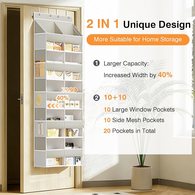 Over the Door Organizer 5 Tiers, Extra Large Behind Door Storage of 10 Big Front 10 Mesh Pockets, 80 lbs Door Organizer Hanging Heavy Duty Over the Door Storag for Closet Bedroom Nursery Pantry Beige