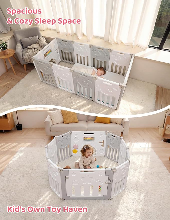 Baby Playpen, Dripex Baby Playard for Babies and Toddlers, 10-Panel Foldable Playpen Adjustable Portable Play Area, Indoor/Outdoor Kids Active Center with Game Panel & Safety Gate, Grey White