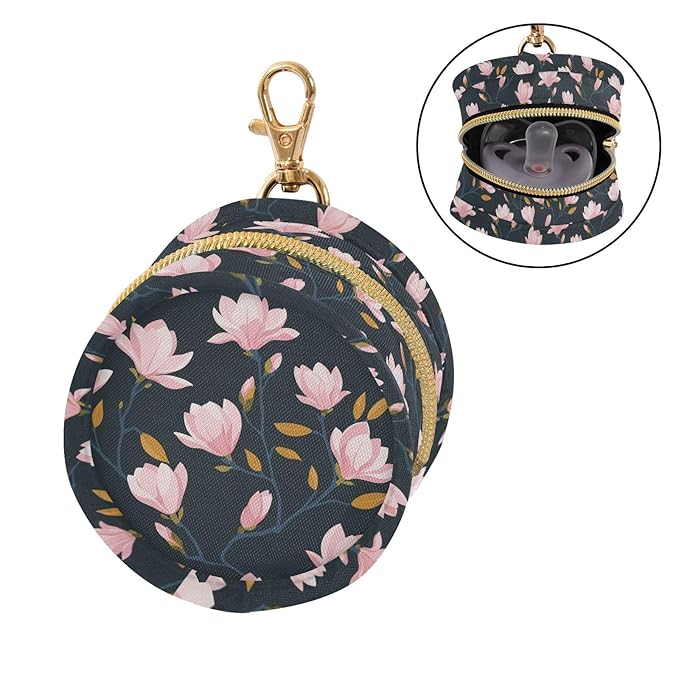 Pink Flowers Leaves Black Print Pacifier Holder Case for Diaper Bag Portable Travel Pacifier Storage Case with Clip Newborn Baby Pouch for Outdoor Purse Baby Boys Girls