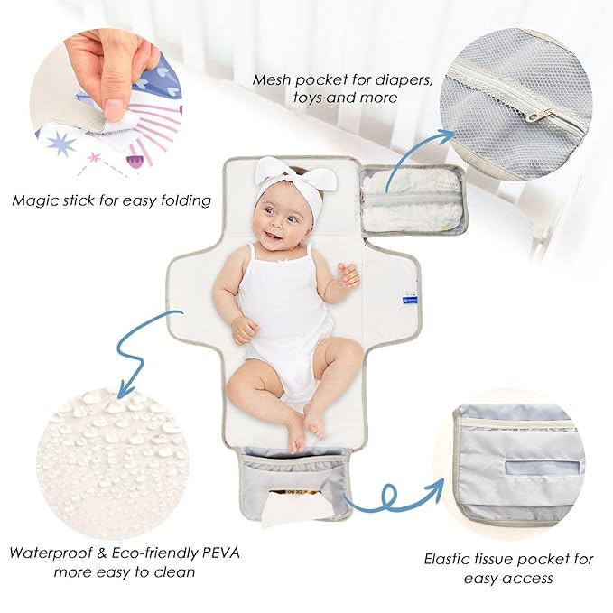 Portable Changing Pad for Baby - Purple Magic Mushrooms Waterproof Diaper Changing Mat Travel Changing Pad with Built-in Pillow - Shower Gift for Baby
