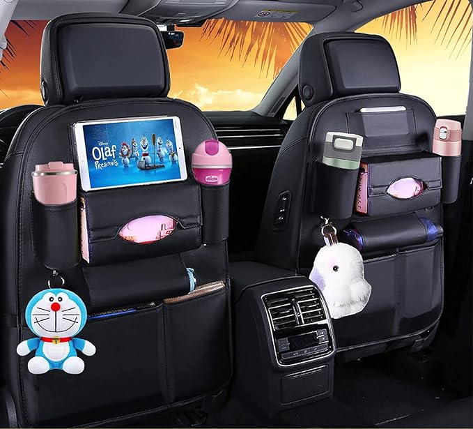 Backseat Car Organizer, PU Leather Kick Mats Back Seat Organizers Protector with Touch Screen Tablet Holder, Universal Car Back Seat Organizer for Kids with Storage Bag Holder