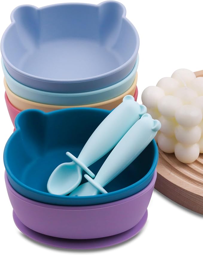 Silicone Bowl Suction with Spoon and Fork for Babies 6 months+ Suction Bowls for Baby Utensils 6-12M+ BLW Baby Essentials Newborn Essentials Must Haves (Aquamarine)