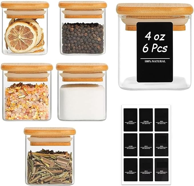 ComSaf Spice Jars with Labels 4 oz 6Pack, Small Spice Containers Starter Set, Glass Seasoning Jars with Lids, Square Seasoning Containers for Salt, Pepper, Chili Powder, Sugar, Ginger Ground, Cumin