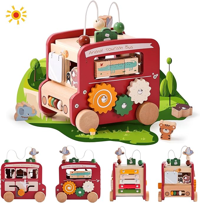 Wooden Activity Cube 8-in-1 Montessori Toys | Multifunctional Early Educational Learning Toys | Wooden Toy for Baby Shape Sorter Xylophone Animal Travel Bus Boy Girl Birthday Gift（Red Bus）