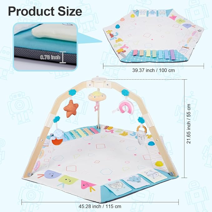Baby Play Gym Activity Mat with Multiple Developmental Zones, Stage-Based Play for Infant Motor Skills, 5 Detachable Sensory Toys, Easy to Install & Clean, Baby Essentials Shower Gift