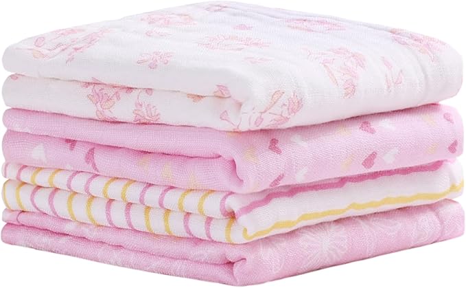 Viviland Baby Muslin Burp Cloths, Super Absorbent Washcloths for Baby Girl and Boy, 10 x 20 inches 6-Layer Baby Bath Towels, Pink Flowers & Hearts 4 Pack