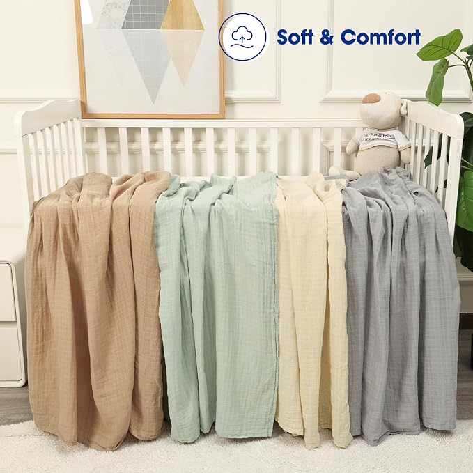 david's kids 4 Pack Baby Muslin Swaddle Blankets 47" x 47", 100% Cotton Swaddle Wrap for Boys Girls, Ultra Soft Breathable Receiving Blanket for Newborns, Sepia & Sage Green & White Cap & Grey