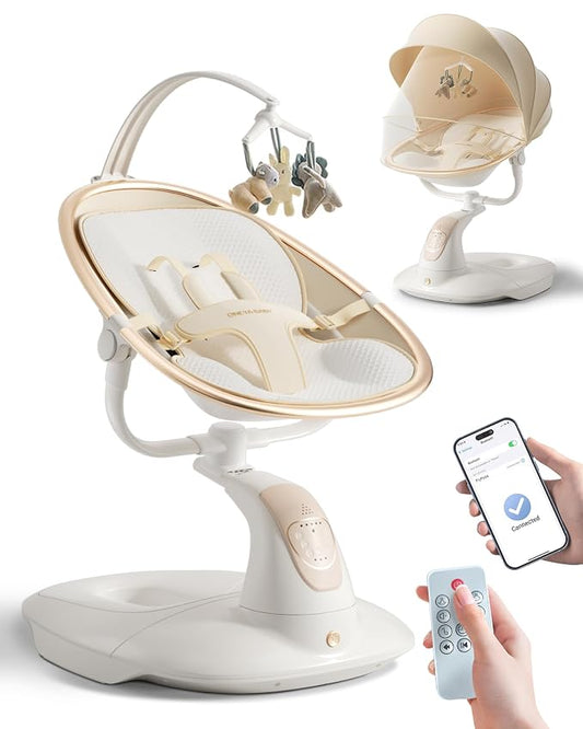 Baby Swing for Infants to Toddler, Electric Baby Swing with Sturdy Shield-Shaped Base, 180° Rotation Portable Infant Swing with 5 Speeds & 12 Lullabies for Newborn Baby Boy Girl Up to 20 lbs, White