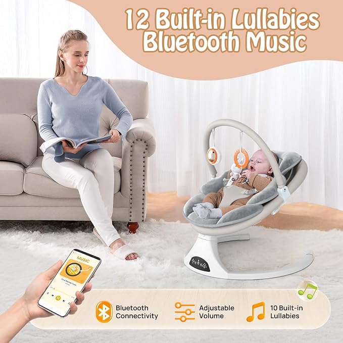 FEITIONG Baby Rocker|Bluetooth Baby Swing 5-Speed Motion & Comfort Design | Portable Infant Chair with Machine-Washable Seat (0-12M, 20lb)