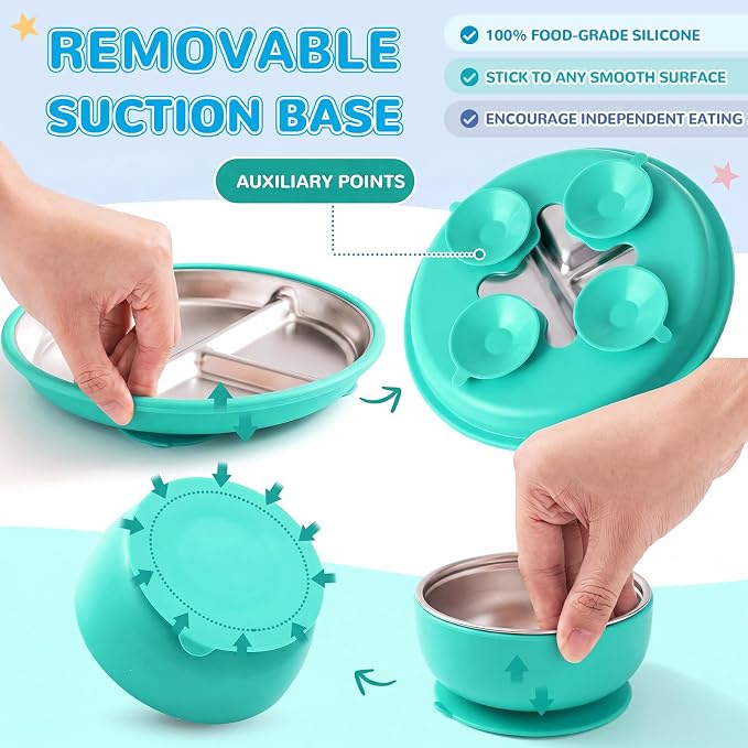 Havawish 4 Pcs Stainless Steel Baby Plate and Bowl with Suction, 8.3" Kid Divided Plate 4" Toddler Bowl with Removable Silicone, BPA-free Non-slip Baby Feed Set Dishwasher Safe for Boy Girl (Cyan)