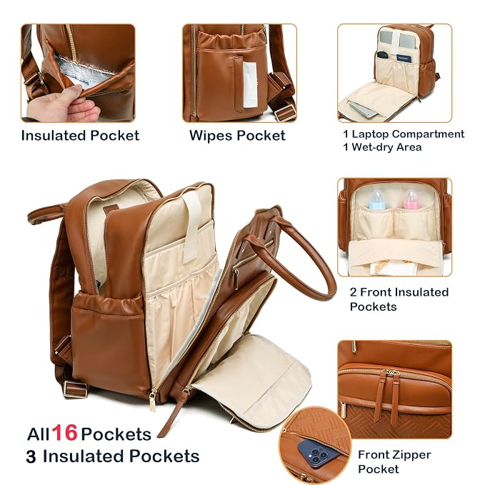 Leather Diaper Bag Backpack for Women with Multiple Pockets,Laptop Compartment and Changing Pad.