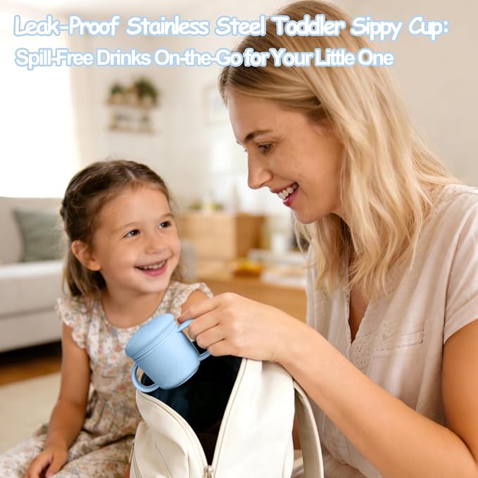 Mity rain 3-In-1 Stainless Steel Sippy Cup for 6+ Month Old, Baby Straw Cups for Toddlers 1-3 with Travel Lid, Silicone Straw, Replacement Straw & Cleaning Brush - 8oz Toddler Cups Spill Proof Set