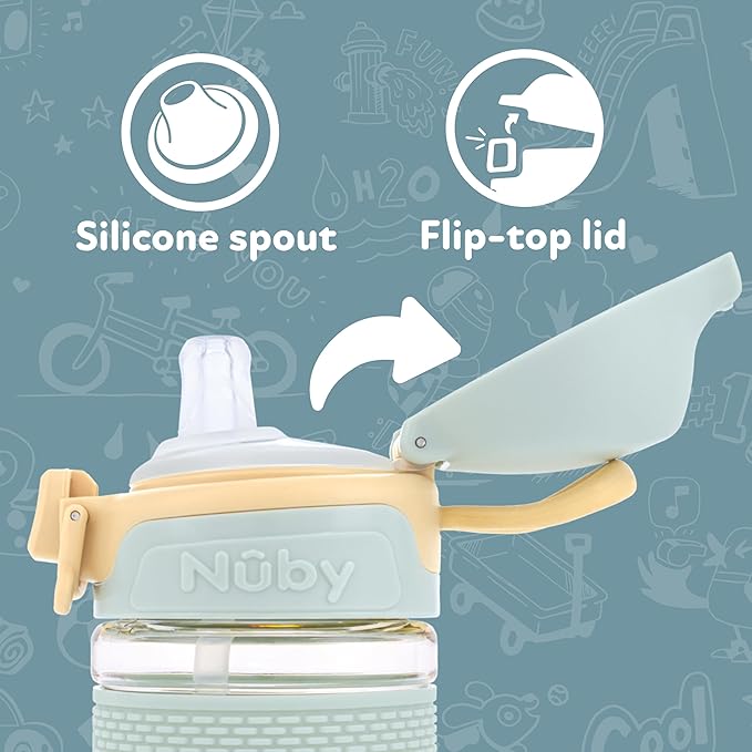 Nuby Thirsty Kids Flip-It Bolt Toddler Cup with Push-Button Locking Flip-Top and Silicone Spout - 12 oz - Easy-Grip and Spill-Resistant - 18+ Months - Mammoths