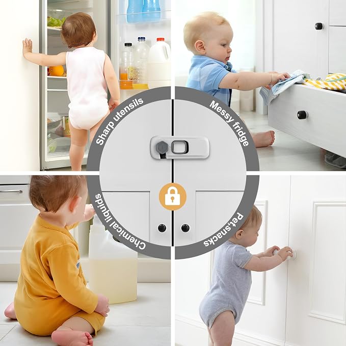 5 Pack Childproof Refrigerator Lock,Baby Safety Fridge Door Lock,Freezer Lock Apply to Max 1"(25mm) Sealing Strip,Cabinet Cupboard Lock for Toddlers,Easy to Install,No Tools Need or Drill,Grey