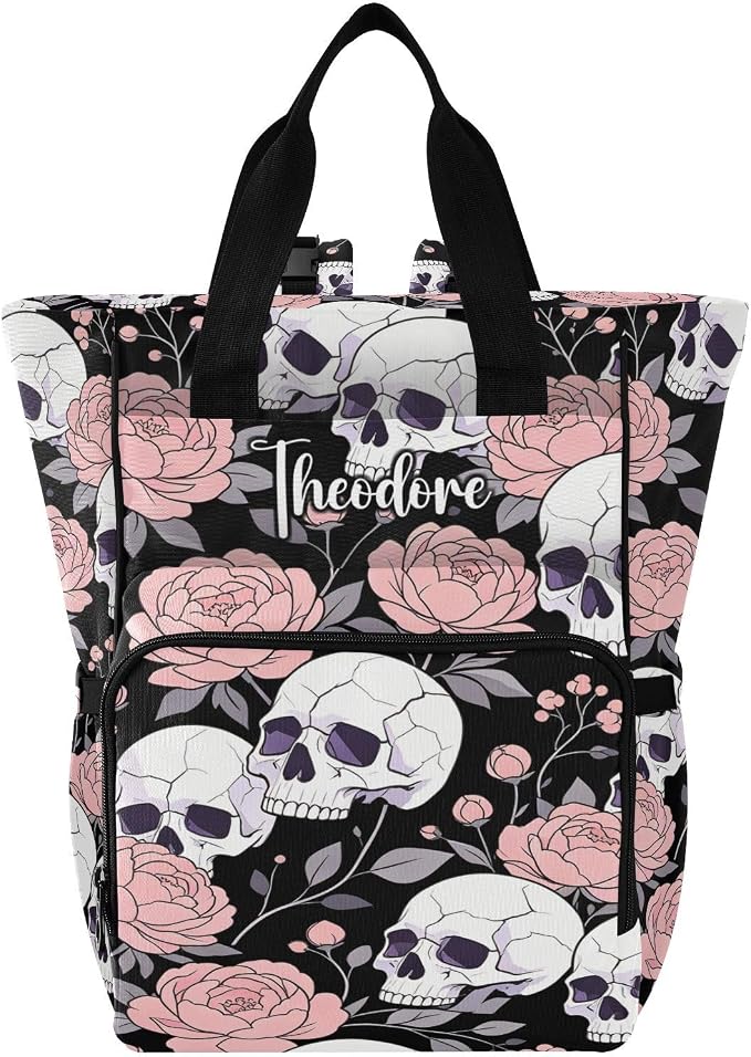 Personalized Flat Skull Peony Diaper Bag – Insulated Pockets for Mom Dad