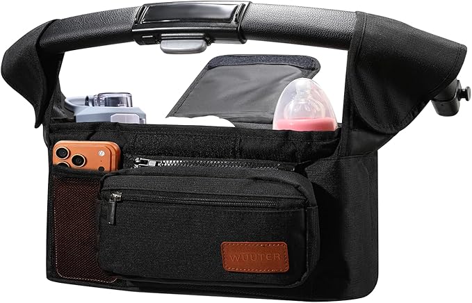 Universal Stroller Organizer with Insulated Cup Holder and Removable Wrist Strap Large Capacity Stroller Organizer for Mom, Baby Joggers, Uppaby, Britax, BOB, Umbrella and Pet Stroller (Black)