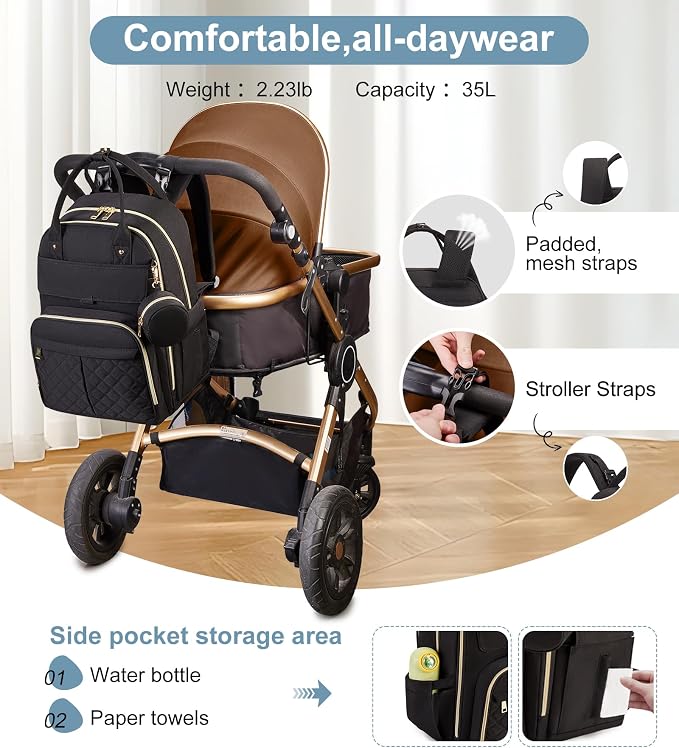 MOONBABY Diaper Bag Backpack, Baby Diaper Bags with Portable Changing Pad and Pacifier Case, Multifunctional Travel Diaper Backpacks, Unisex Baby Bags, Black
