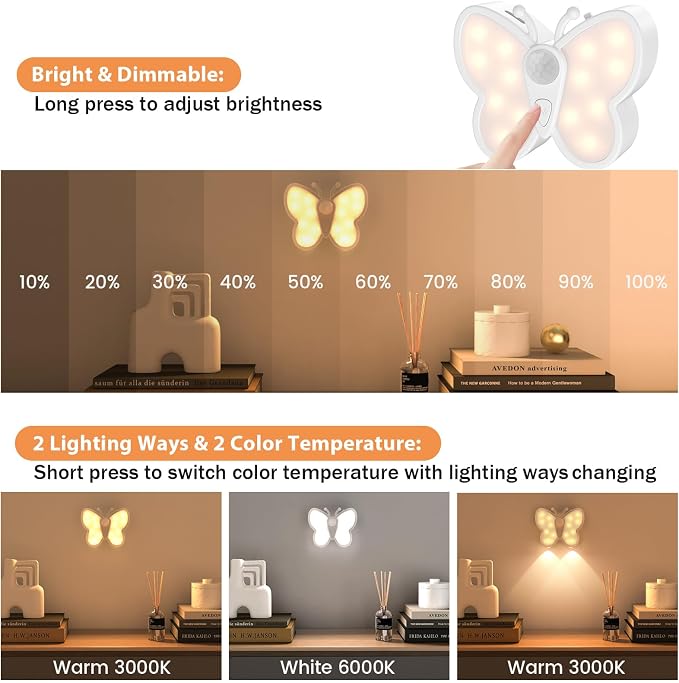 MY BEAUTY LIGHT Bright Dimmable Butterfly LED Night Light, Smart Motion Sensor Night Light Lamp with Spotlight and 2 Color Temperature, Magnetic Rechargeable Nightlight for Kids Room, Wall (2 Packs)