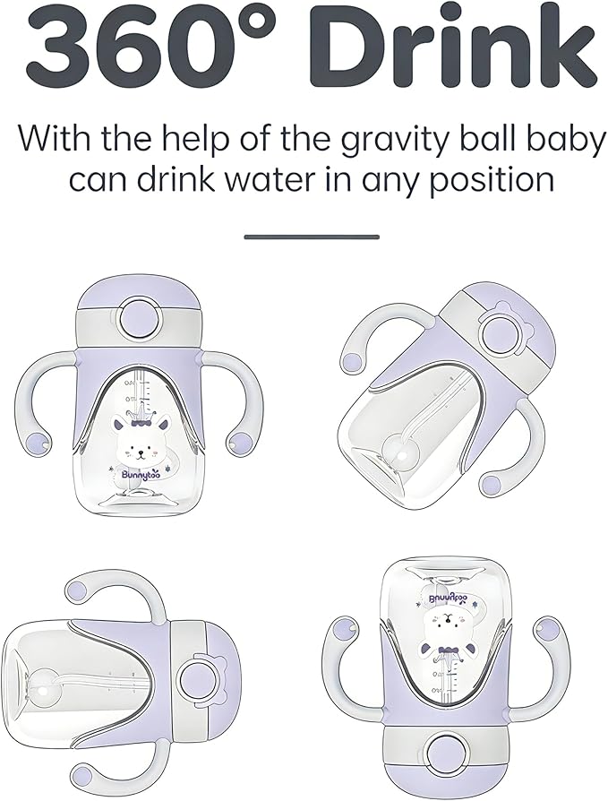 Bunnytoo Baby Sippy Cup with Weighted Straw for Infants 6-12 Months, 8oz Tritan Toddler Drinking Cup with Handles, BPA-Free, Transition Trainer for 1+ Year Old (Purple)