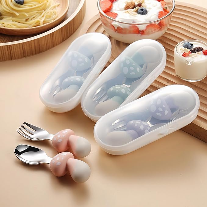 Toddler Utensils 4-Pack, Stainless Steel Toddler Forks and Spoons Set with Cute Mushroom& Strawberry Silicone Handles, Baby Kids Utensils, Children Safe Forks and Spoons Dishwasher Safe