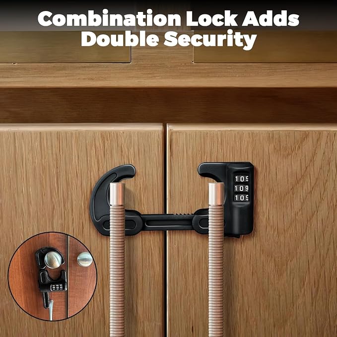 4 Pack U-Shaped Cabinet Locks with Combination Baby Proofing Cabinet Lock Child Proof Sliding Cabinet Door Locks Adjustable Drawers Cupboard Locks Baby Safety Cabinet Latches for Knob Handle (Black)