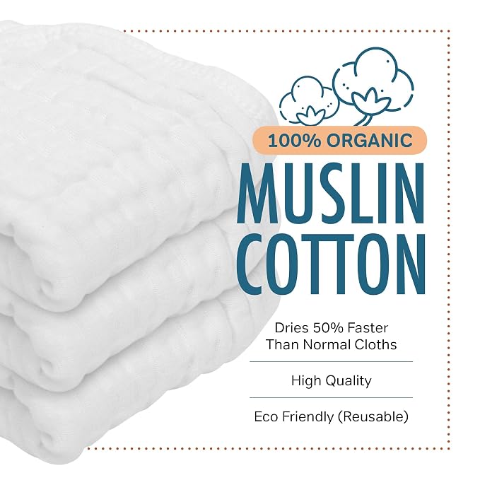 AllSett Health 10 Pack Muslin Burp Cloths Large 20" by 10" 100% Cotton, Hand Wash Cloth 6 Layers Extra Absorbent and Soft White