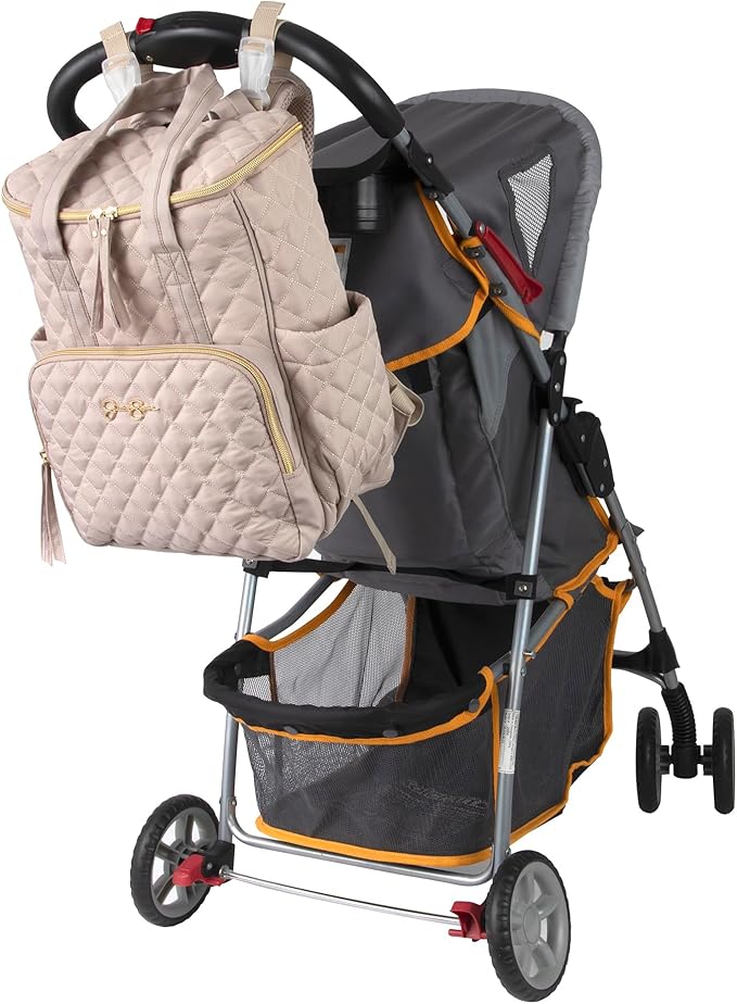 Jessica Simpson Quilted Diaper Bag Backpack with Insulated Pockets, Portable Changing Pad, Stroller Straps, Organizer Insert 3 Pc. Set (Khaki)