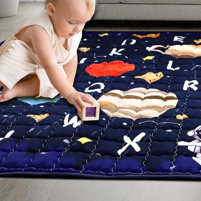 Baby Play Mat for Floor, GFU Non-Slip 50x50 Playpen Mat, Thick One-Piece Crawling Mat Blue, Infants Playmat Foldable and Machine Washable for Boys