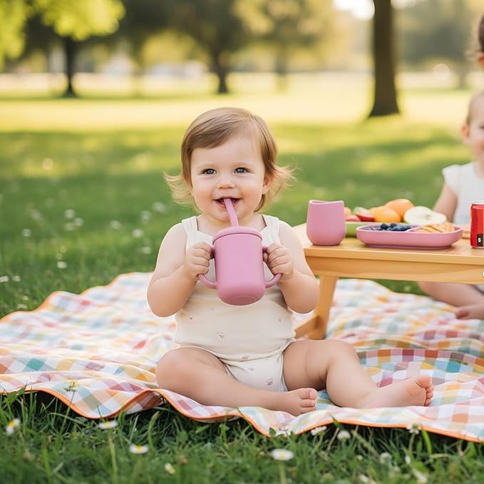 Silicone Training Cups - Drinking Training Straw Cup & Open Weaning Cup for Babies 6-12+ Months, Food-Grade BPA-Free Baby Led Weaning Drinking Set(Rose) (Rose)