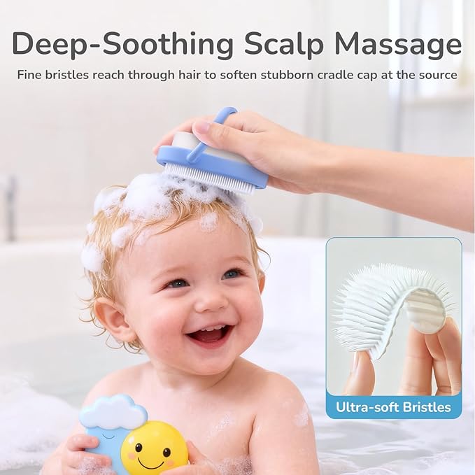 3-in-1 Baby Cradle Cap Brush Kit, Soft Brush, Curved Comb & Bath Sponge | BPA-Free Cradle Cap Treatment Set for Newborns & Infants Scalp Massage Dry Skin Flakes Removal, Light Blue