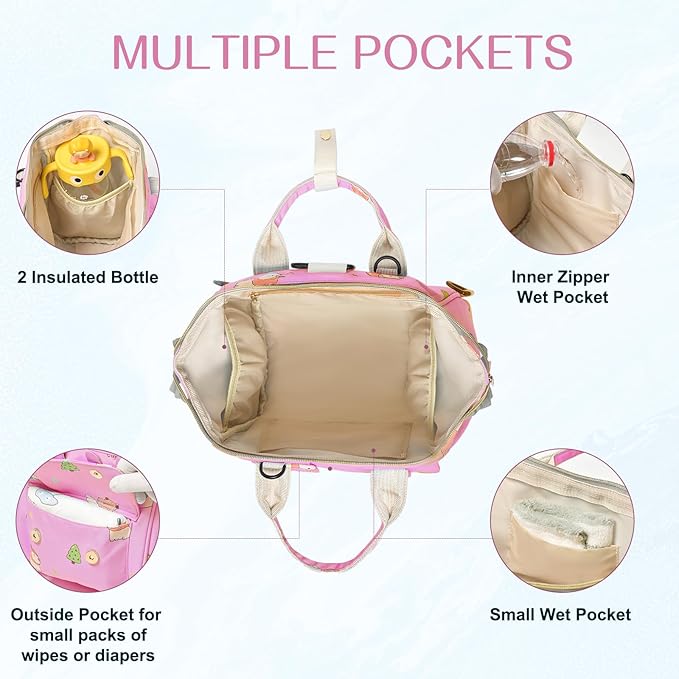 Small Diaper Bag Crossbody Backpack, 4 in 1 Mini Travel Mommy Tote w/Shoulder for Stroller, Small Toddler Daiper Tote with Insulated Pockets, Compact Baby Bag for Mom (Pink Animal)