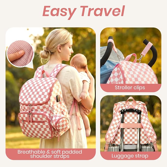 FHELAD Checkered Diaper Bag Backpack with Changing Pad & Stroller Clips, Large Travel Baby Diaper Bag for Newborn Moms, Baby Shower Gifts (Peach Pink)
