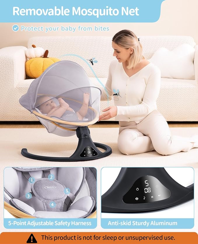 LAREX Baby Swing to Toddler Electric Infant Swing Portable for Newborn Boy Girl, 5 Sway Speeds with Remote Control, 12 Preset Melodies and Bluetooth, 0-6 Months Max 20 Lbs (Light Wood Grain)