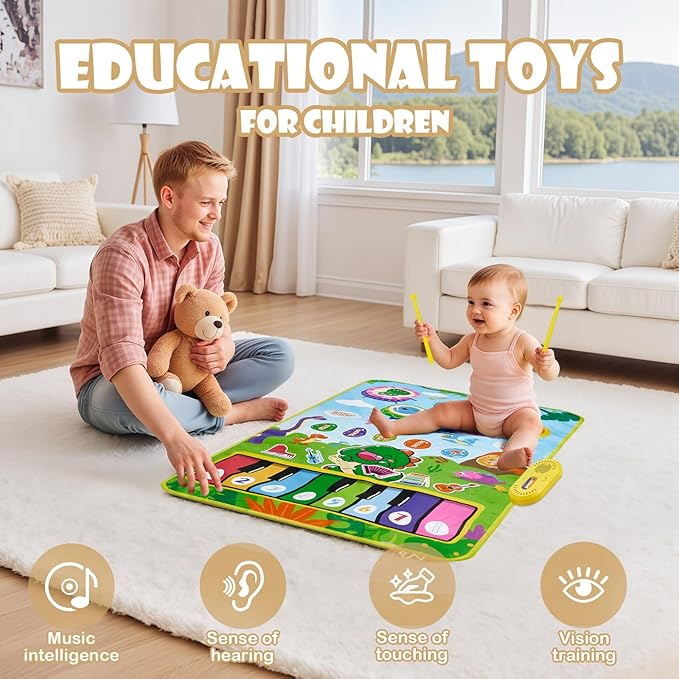 Baby Musical Play Mat,Early Educational 3 in 1 Floor Piano Drum Animal Touch 31.5"*19.6 " Play Blanket Montessori Sensory Musical Learning Toys,Baby Birthday (Green Dinosaur)
