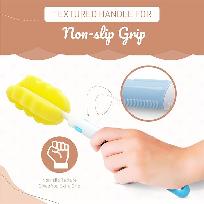 MoomooBaby Triple Baby Bottle Cleaner Brush Set - Includes Baby Bottle Brush Cleaner, Nipple Brush & Straw Cleaning Brush - Eco-Conscious Plastic Handle with Non-Slip Grip, Replaceable Sponges - Blue