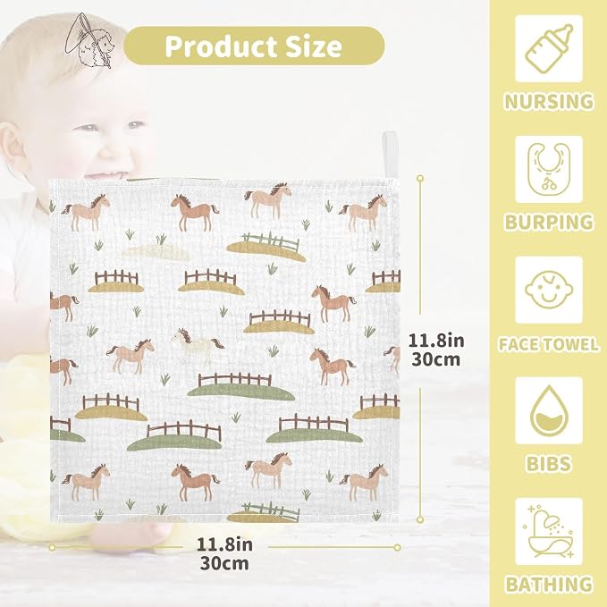 vvfelixl Cute Horses Fences Baby Burp Cloths Baby Muslin Washcloths for Boys Girls Cotton Babys Face Towel for Newborn Infants Soft and Absorbent 11.8 X 11.8 in, 5 Pack