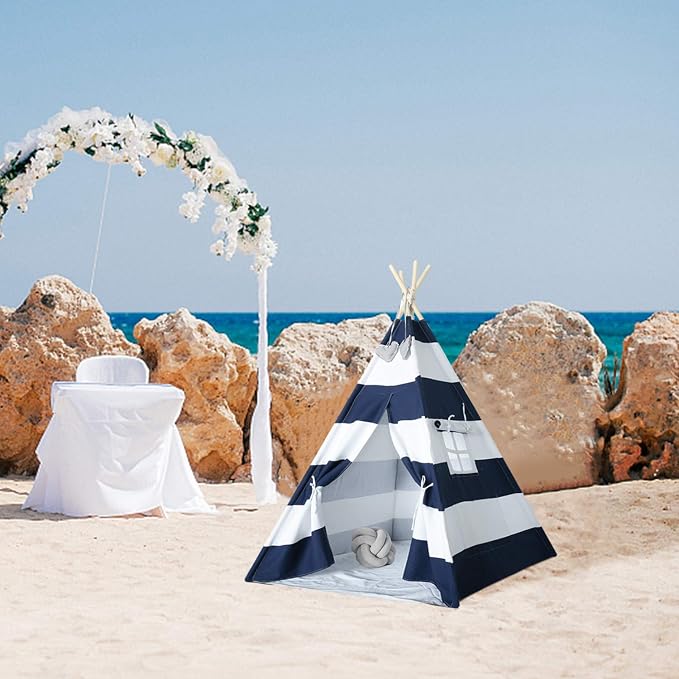 Kids Teepee Tent for Boys Navy White Stripe Teepee Tent Indian Canvas Tents for Toddlers Indoor Playhouse Play Tent for Kids