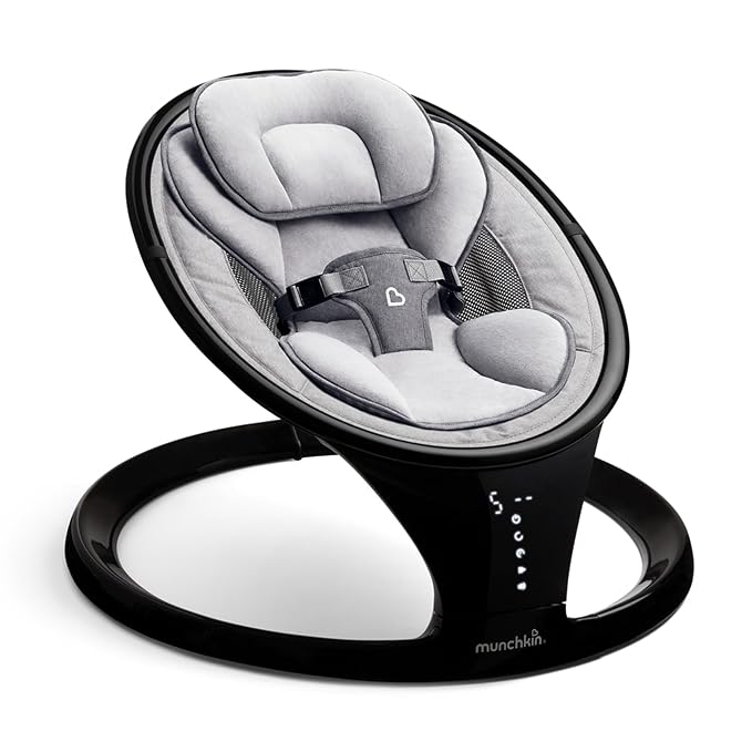 Munchkin Electric Baby Swing, Portable and Lightweight, Bluetooth Enabled Infant Rocker with Natural Sway in 5 Ranges of Motion, Newborn Nursery Essentials, Black/Grey
