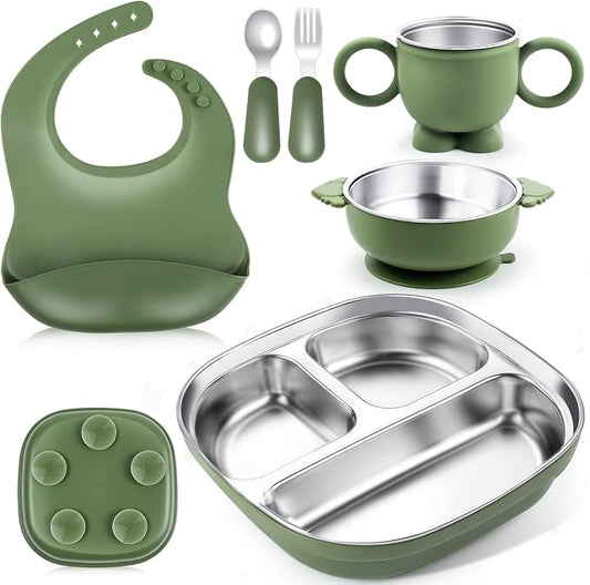 Stainless Steel Kids Plates and Bowls, 6 Pcs Baby Tableware Set Contain Deep-Divide Toddler Plates, Bowls, Cup, Utensils & Bib – BPA-Free 304 Steel + Silicone Suction – Dishwasher Safe