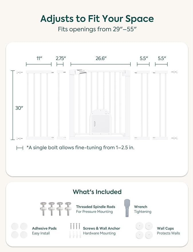Babelio Baby Gate with Cat Door, CatPrivilege ?? Extra Wide 29-55" Cat Gate, 30" Tall Pressure Mounted Safety Gate for Large Openings, Stairs & Doorways, Auto Close, White