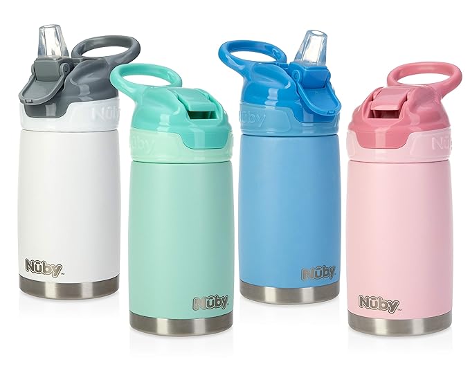Nuby Thirsty Kids No Spill Flip-It Reflex Stainless Steel Travel Cup or Water Bottle - 10 Oz - 18+ Months - White - Back to School Essentials