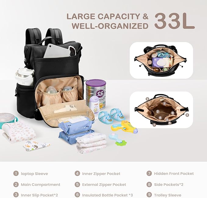 VONAL Neoprene Diaper Bag Backpack with Changing Pad, 33L Large Capacity Neoprene Backpack Baby Diaper Bag with Insulated Pockets, Travel Diaper Backpack Baby with 12 Pockets for Mom & Dad, Black