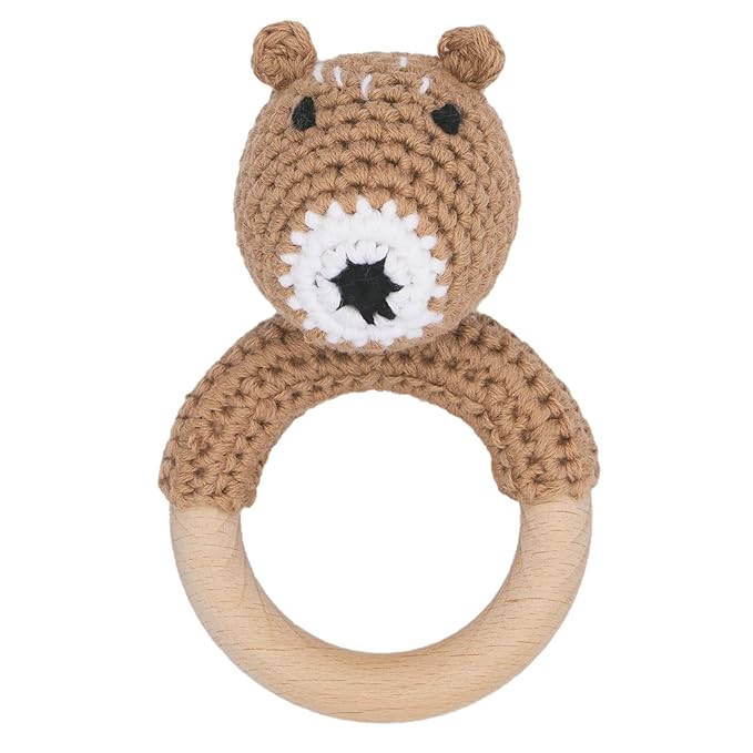 Joliecraft Woodland Friends Baby Rattle Shaker Toy with Wooden Teething Ring for Infants 3 6 9 12 Months Brown Bear